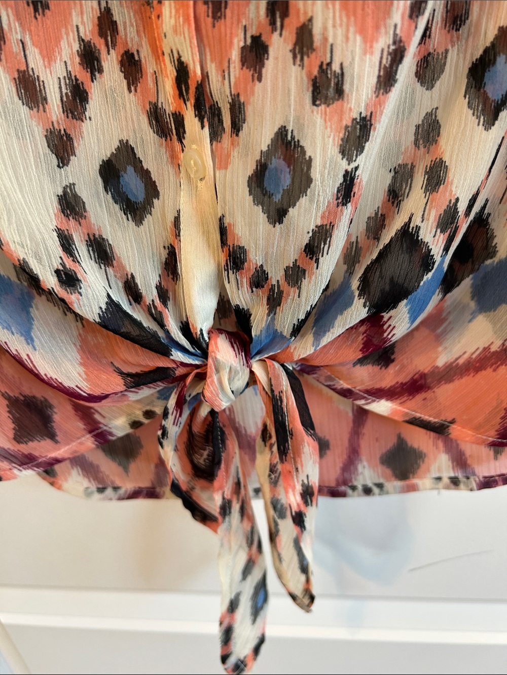 Lucky Brand Sleeveless Tie-Front Printed Blouse - Coral Multi - Picture 5 of 9